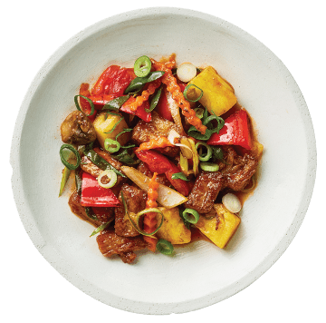 Stir-fried beef with red and yellow peppers, mushrooms, and green onions in a white bowl.