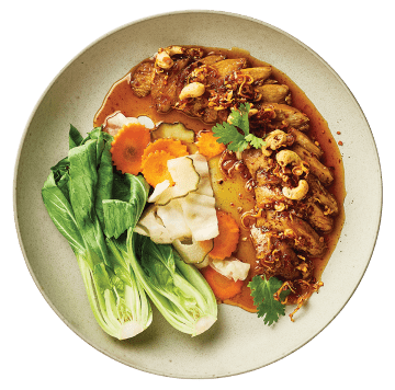 Plate with chicken curry in brown sauce, bok choy, sliced carrot and radish, and cilantro garnish on a beige plate.