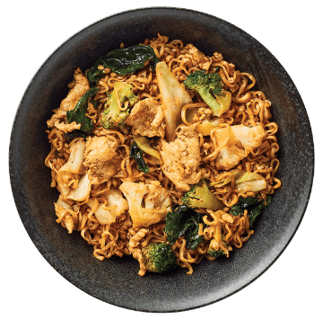 Stir-fried ramen noodles with chicken and bok choy in a dark bowl.